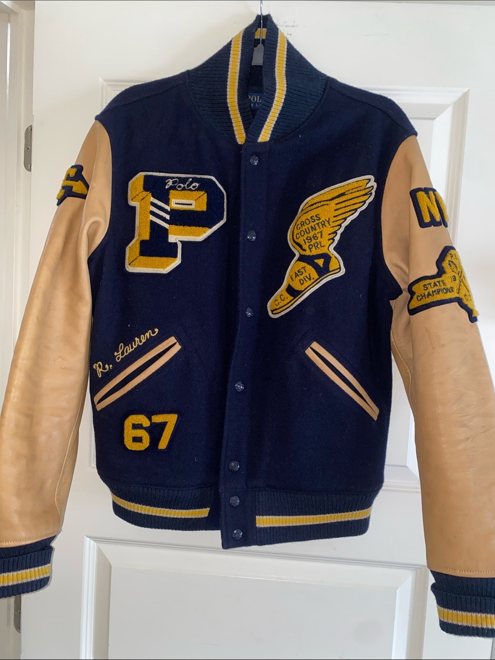 Polo by Ralph Lauren Navy & Tan Varsity Letterman Jacket